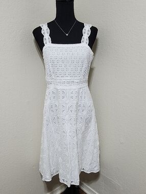Ann Taylor White Lace Strap Eyelet Flare Dress Sz 2 Cottagecore Romantic Bridal